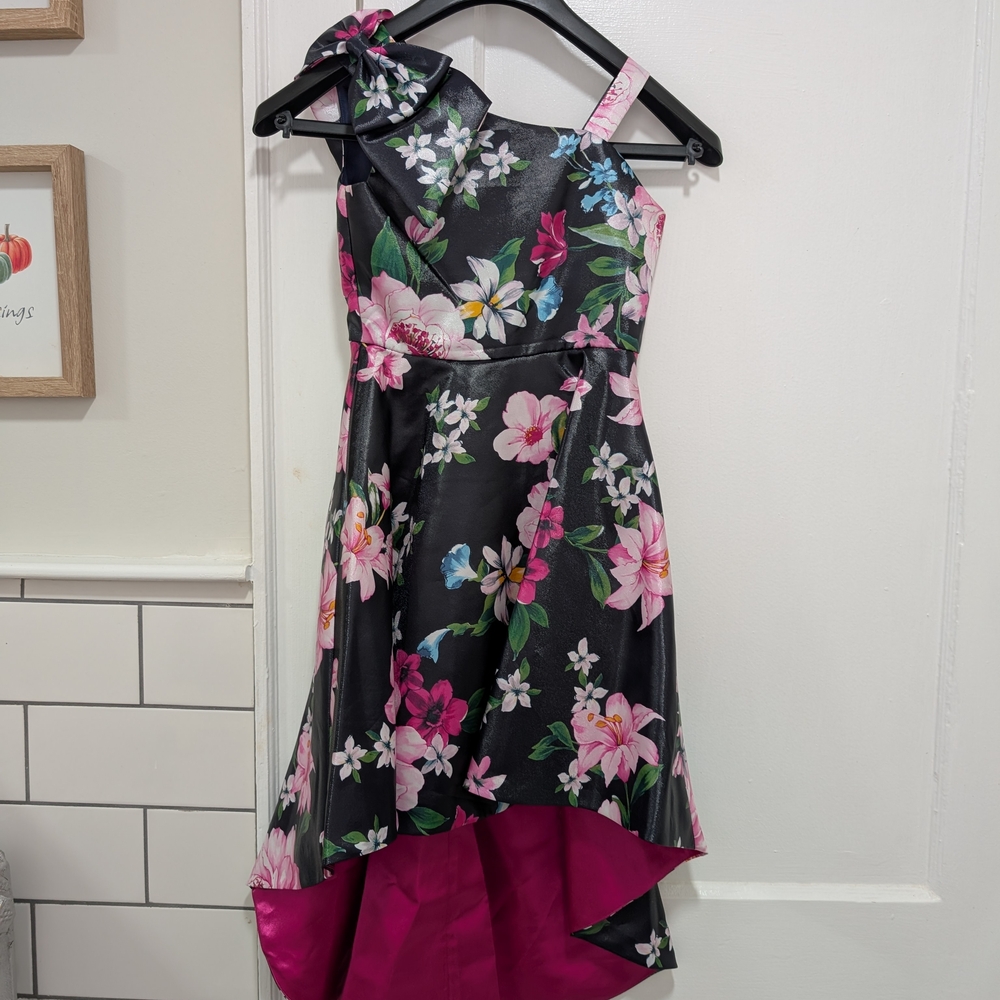 Rare Editions Black Dress with Pink and Green Floral Design